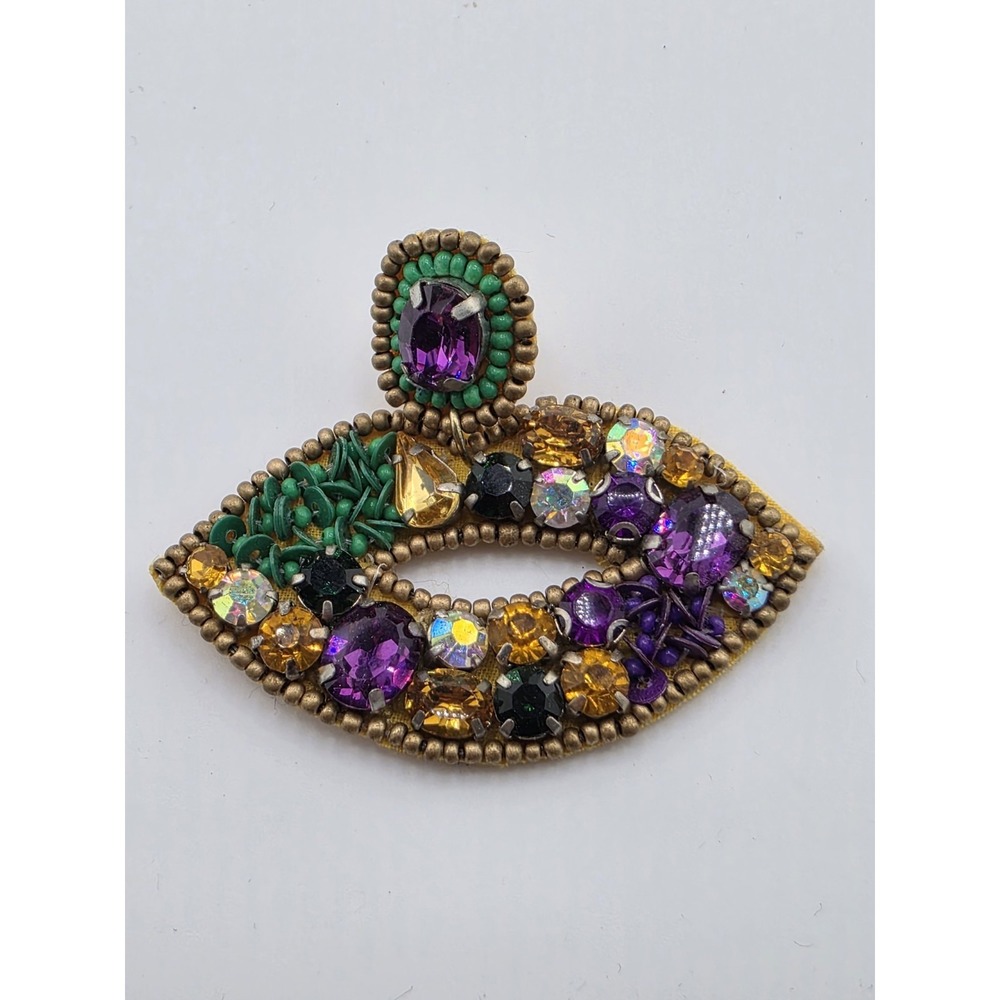 Mardi Gras Beaded Lip Earrings Purple Green Gold Rhinestone Statement‎ 2.5in - Picture 4 of 6